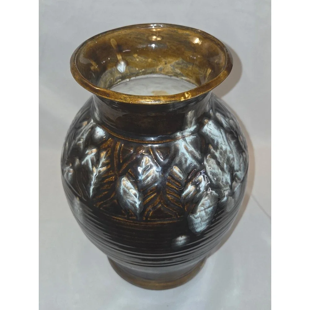 Vintage Brown & White Glossy Pottery Vase Leaf Pattern, Incised PG  12/14/1979